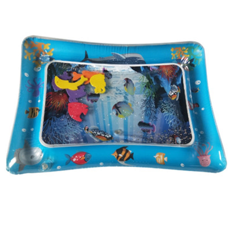 Blue inflatable baby water play mat with colorful floating foam sea creatures, coral graphics, and oceanic theme.