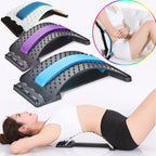 Adjustable lumbar back stretchers with acupressure points in blue, purple, and white, shown in use for pain relief.