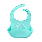 Teal silicone baby bib with an elephant print and large food-catching pocket, featuring an adjustable neck strap.