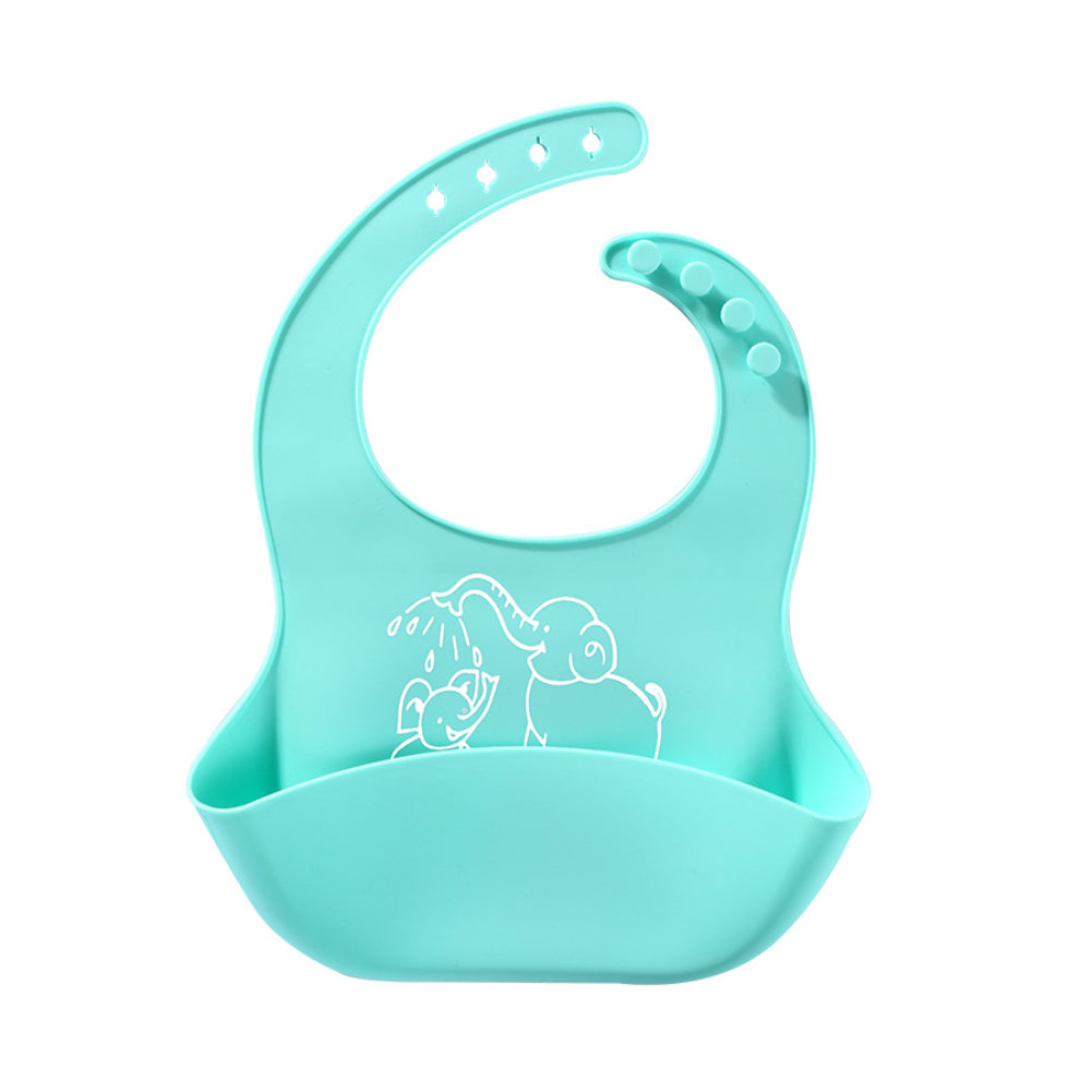 Teal silicone baby bib with an elephant print and large food-catching pocket, featuring an adjustable neck strap.