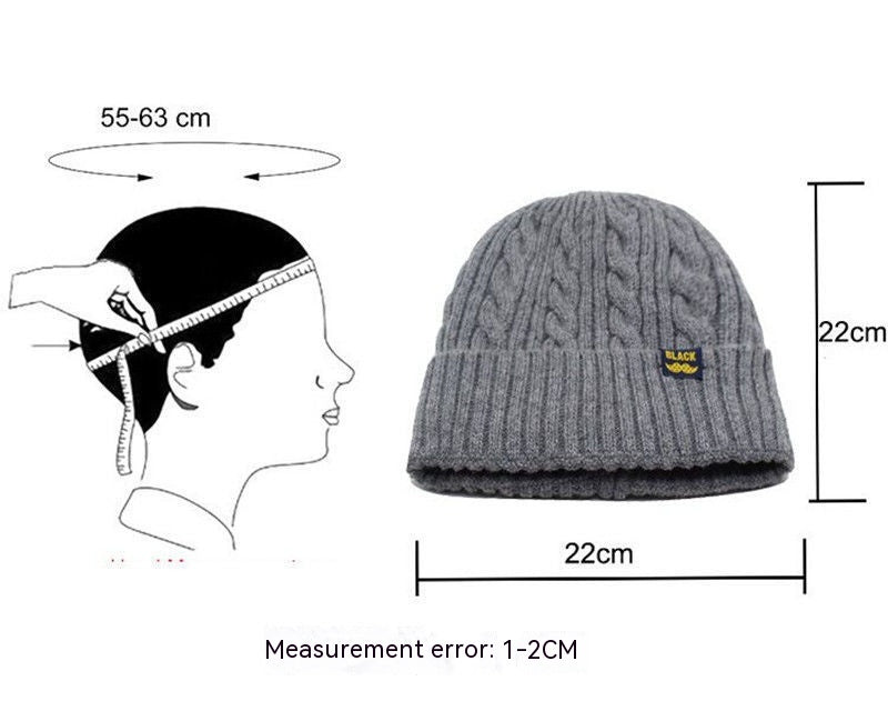 Grey cable-knit beanie for men, 22cm tall, featuring a "BLACK" brand patch and sizing diagram for 55-63cm heads.