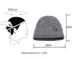 Grey cable-knit beanie for men, 22cm tall, featuring a "BLACK" brand patch and sizing diagram for 55-63cm heads.