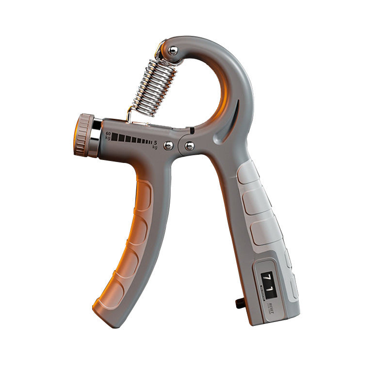 Gray adjustable hand grip strengthener with metallic spring, resistance dial, and digital counter on white background.