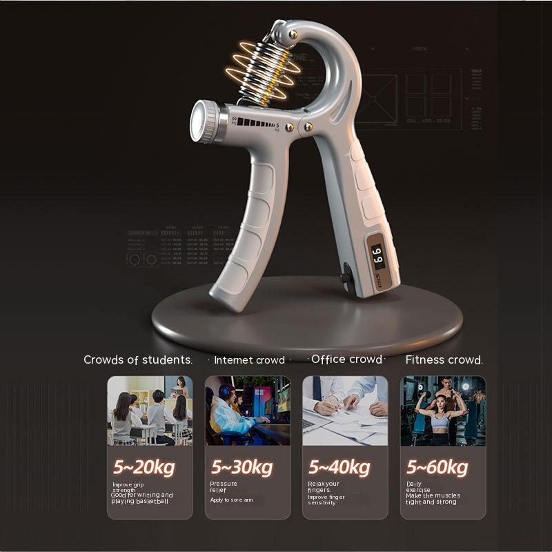 Adjustable gray plastic hand gripper with metallic spring, tension dial, and digital display against a dark background.