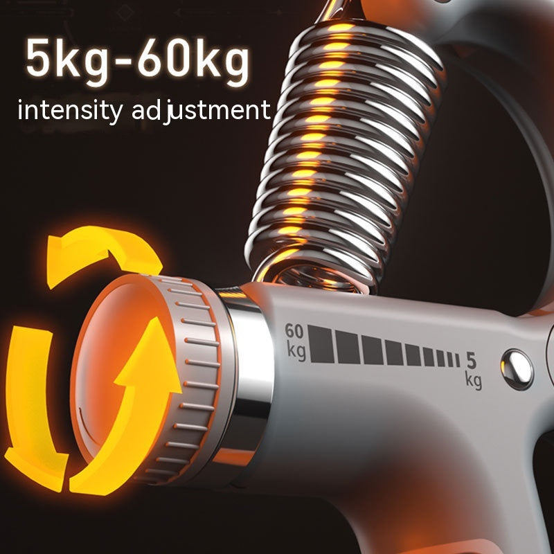 Adjustable 5kg-60kg grey hand grip strengthener with chrome spring and rotating orange dial on a dark background.