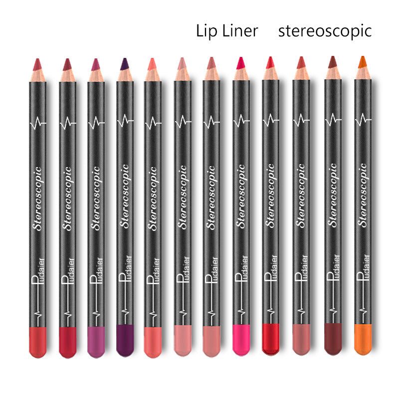 Twelve waterproof, smudge-proof lip liner pencils in assorted shades with black barrels, labeled "Stereoscopic."