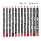 Twelve waterproof, smudge-proof lip liner pencils in assorted shades with black barrels, labeled "Stereoscopic."
