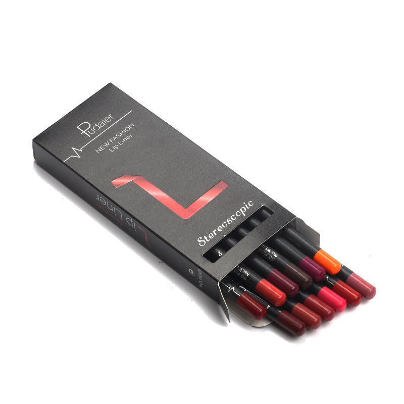 Pudaier 12-piece waterproof lip liner set in a black box, featuring various vibrant shades with colored tips.