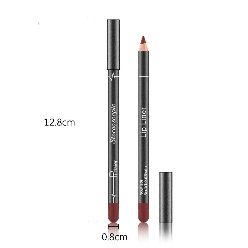 Two grey 12.8cm waterproof lip liners, one capped and one open, showing a deep red shade and product branding.