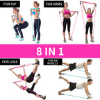 8-in-1 portable chest expander with resistance bands and bars, demonstrating various full-body workout exercises.
