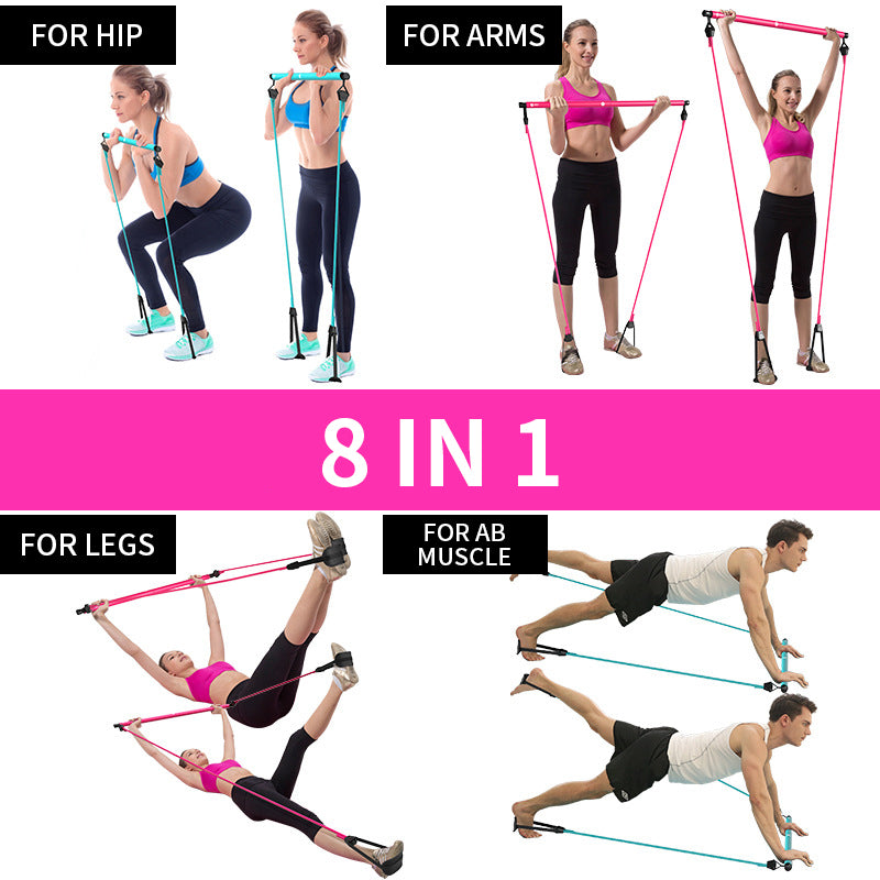 8-in-1 portable chest expander with resistance bands and bars, demonstrating various full-body workout exercises.