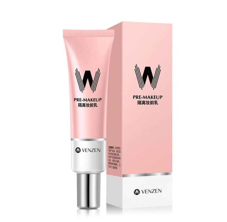 A pink Venzen pre-makeup cream tube and matching box featuring a black 'W' logo and white base against a white backdrop.