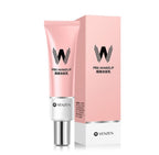 A pink Venzen pre-makeup cream tube and matching box featuring a black 'W' logo and white base against a white backdrop.