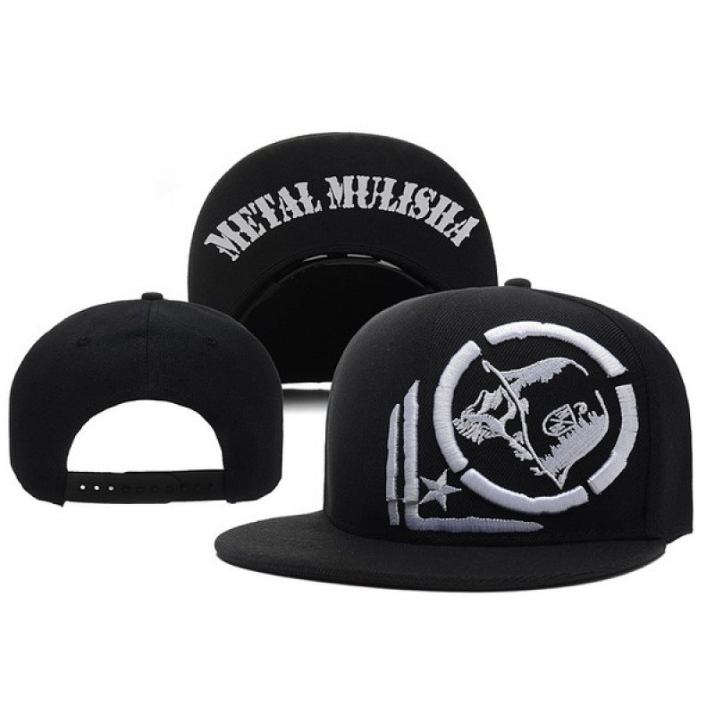 Three black snapback hats with white embroidered Metal Mulisha logos and circular skull graphics.