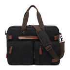 Black canvas multifunctional men's briefcase with brown leather accents, top handles, and a detachable shoulder strap.