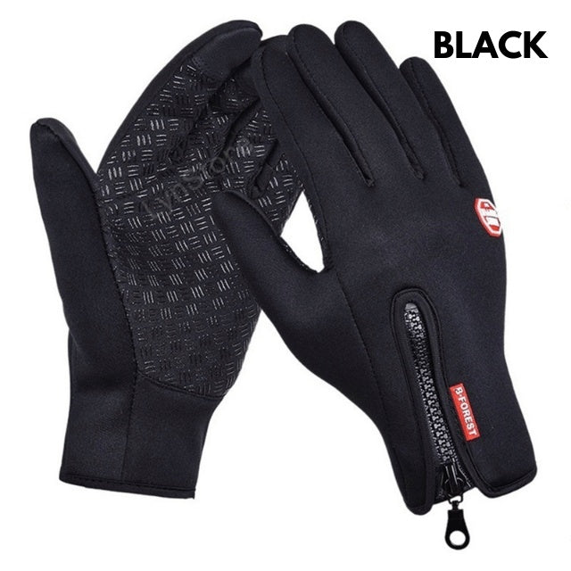 Black waterproof winter gloves with fleece, textured grip palms, touch-screen compatibility, and zippered wrist cuffs.