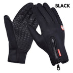 Black waterproof winter gloves with fleece, textured grip palms, touch-screen compatibility, and zippered wrist cuffs.