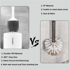 Comparison of a white silicone toilet brush versus a traditional bristle brush, highlighting durability and features.