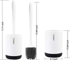 White toilet brush set with grey silicone head, black base, and measurement annotations indicating dimensions.