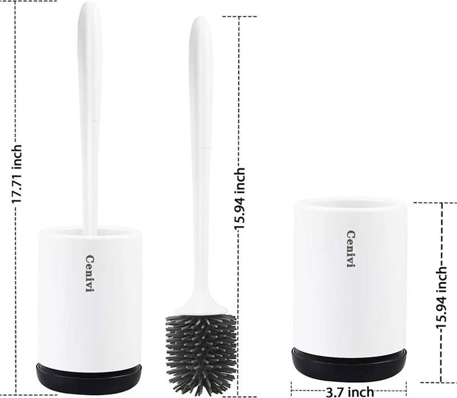 White toilet brush set with grey silicone head, black base, and measurement annotations indicating dimensions.