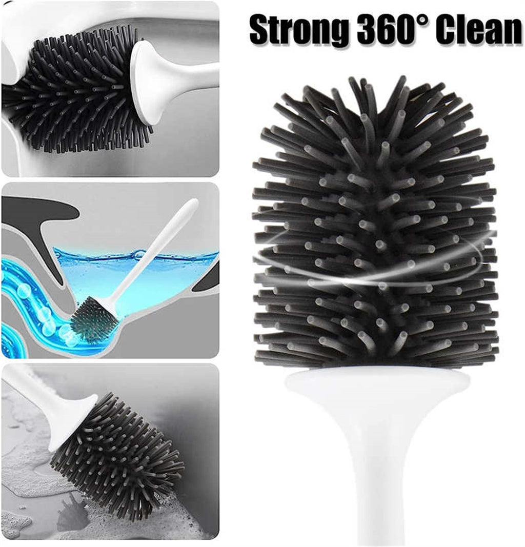 White toilet brush with flexible, grey silicone bristles designed for 360-degree cleaning of toilet bowls and rims.