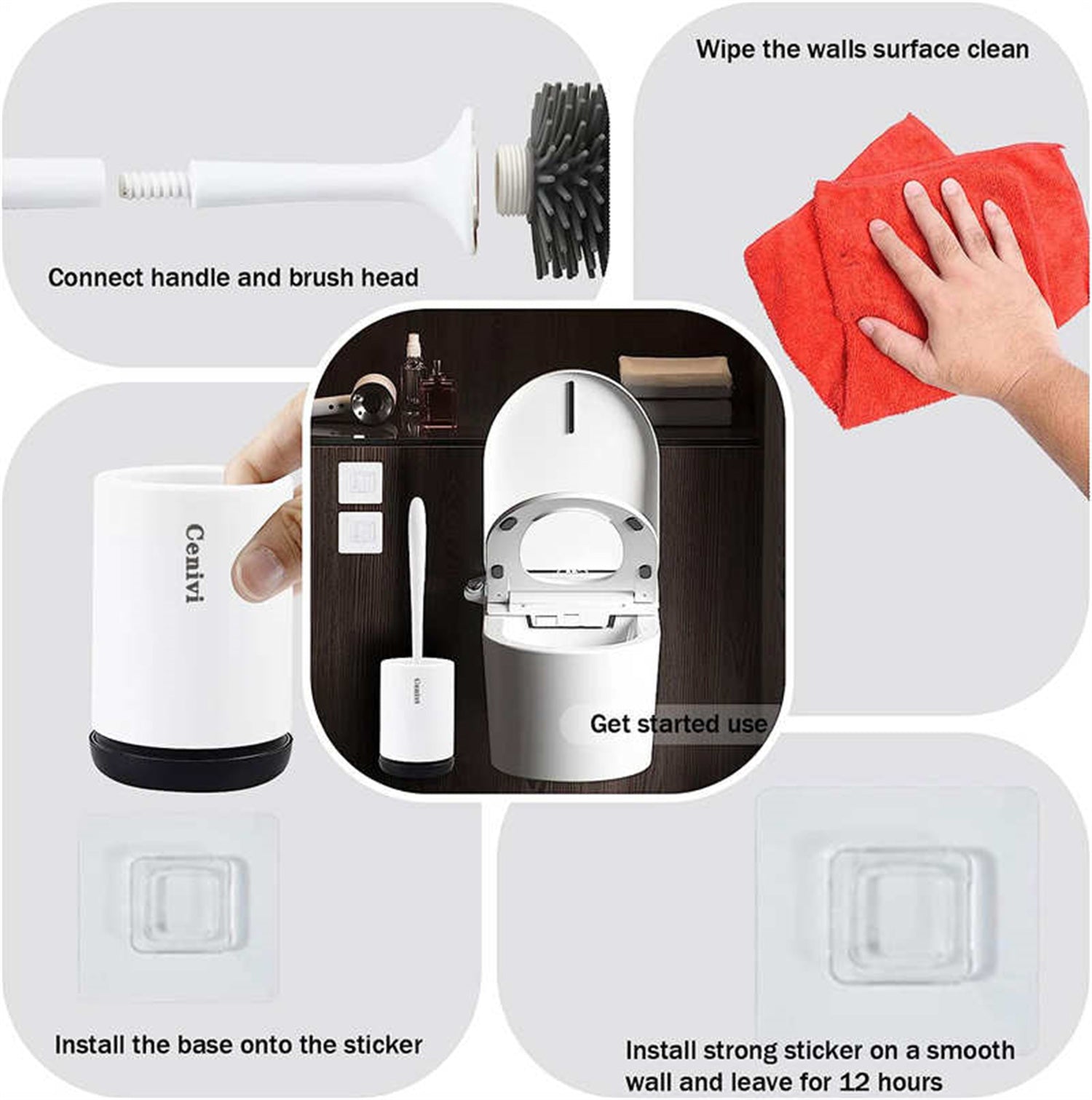 Wall-mounted toilet brush set with grey silicone head, white handle, storage cup, and adhesive mounting instructions.