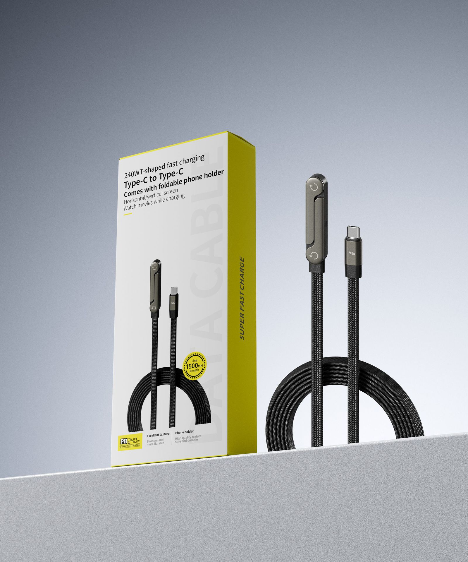 Black braided 240W Type-C cable with integrated foldable phone stand, displayed in yellow and white retail packaging.