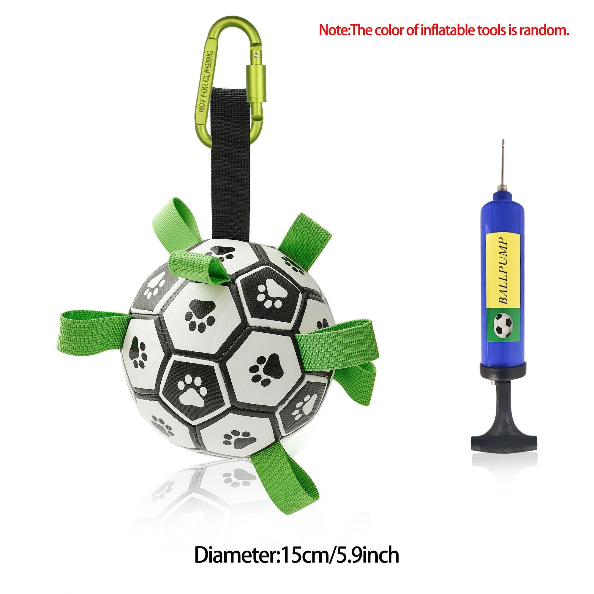 Black-and-white soccer ball dog toy with green nylon tabs, black handle, carabiner, and included hand pump.