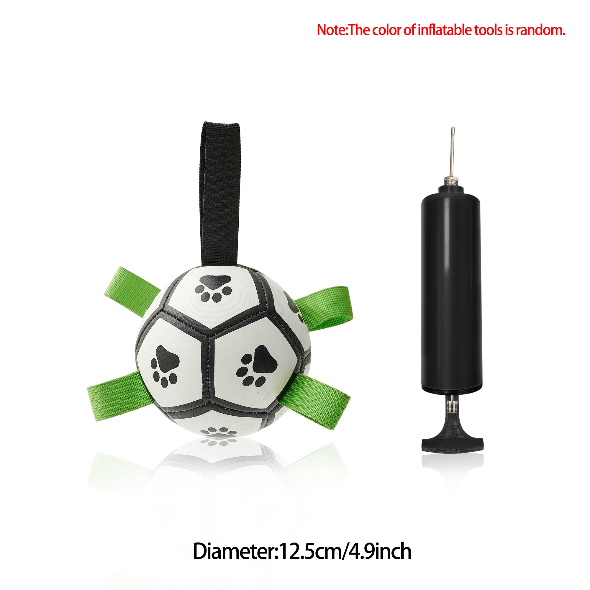 White and black paw-print soccer ball toy with green nylon grab tabs and a black hand pump for inflation.