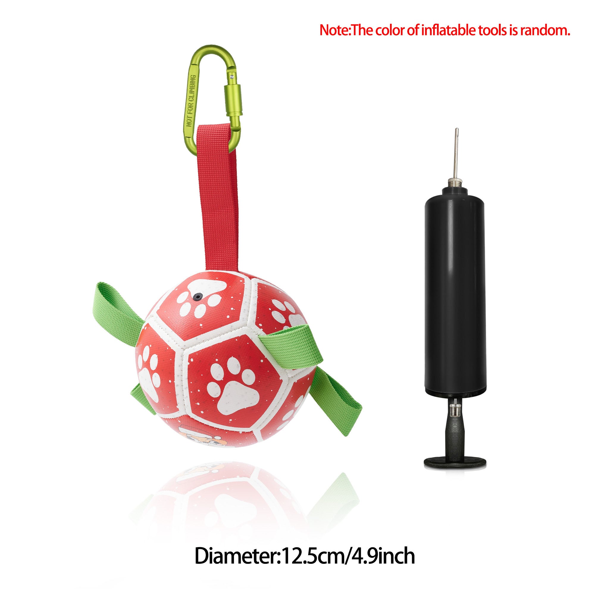 Red dog soccer ball toy with white paw prints, green straps, carabiner, and black inflation pump on white background.