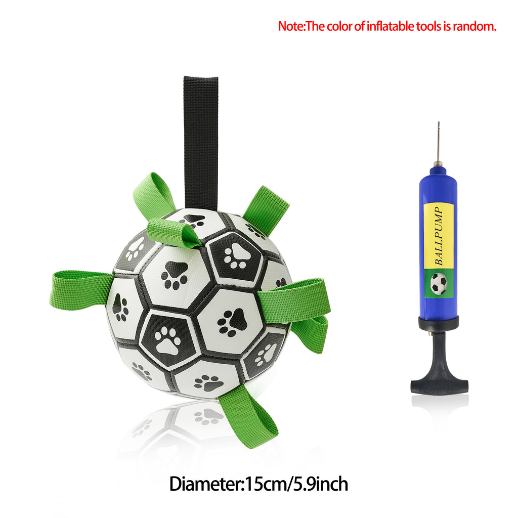 Black and white soccer ball dog toy with green nylon tabs and an included blue handheld ball pump.