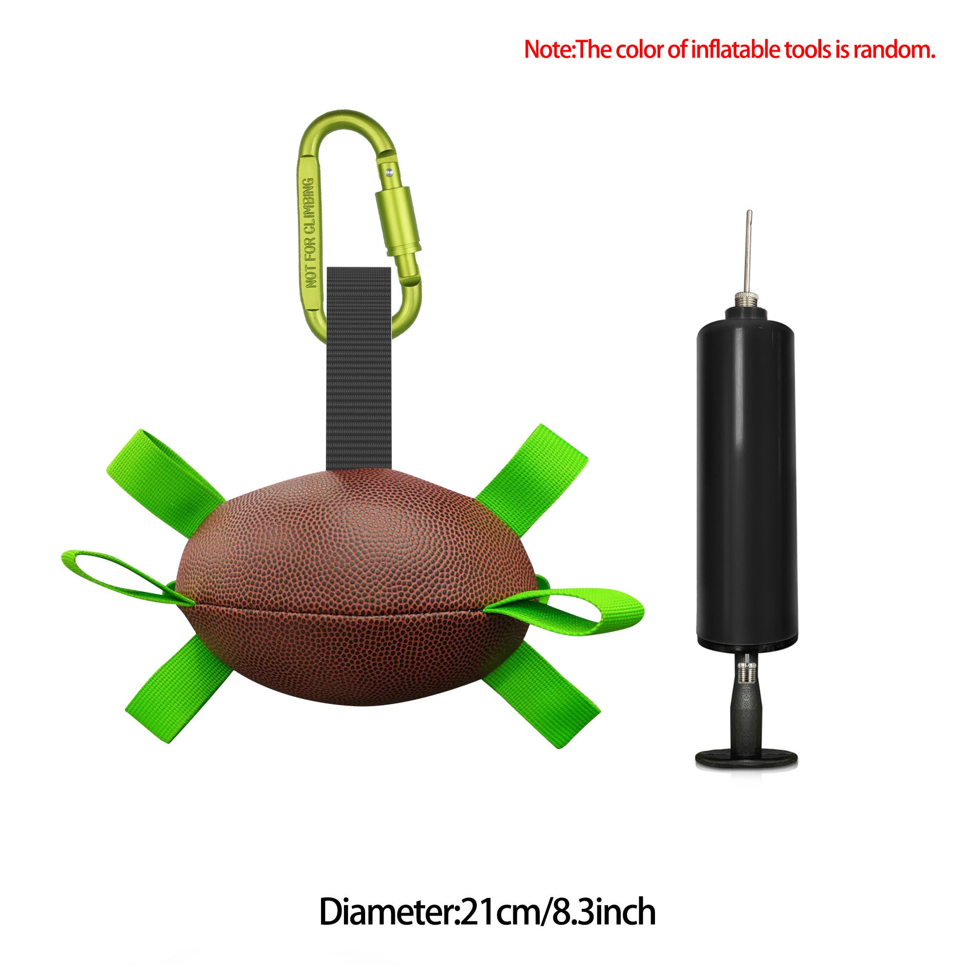 Brown textured dog football toy with green nylon grab tabs, a green carabiner, and a black handheld ball pump.