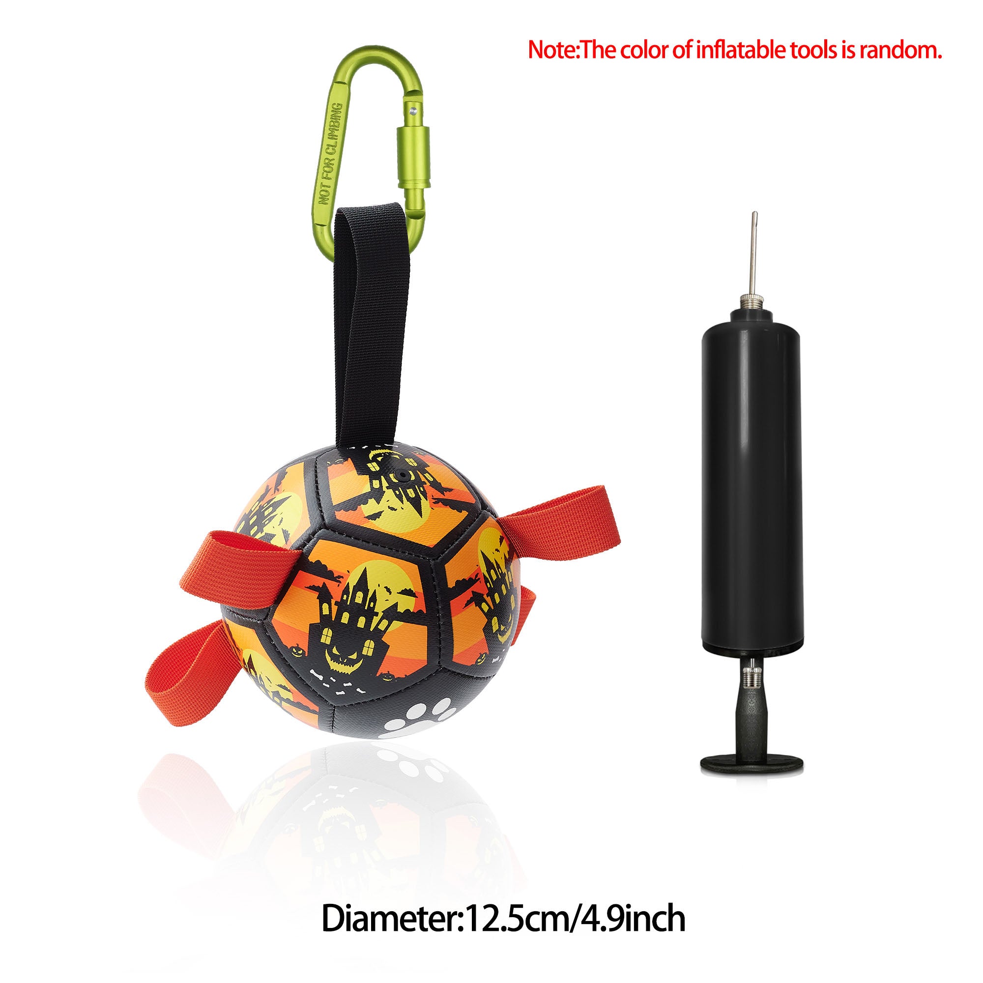 Orange and black Halloween-themed dog soccer ball with nylon grab tabs, green carabiner, and an included air pump.