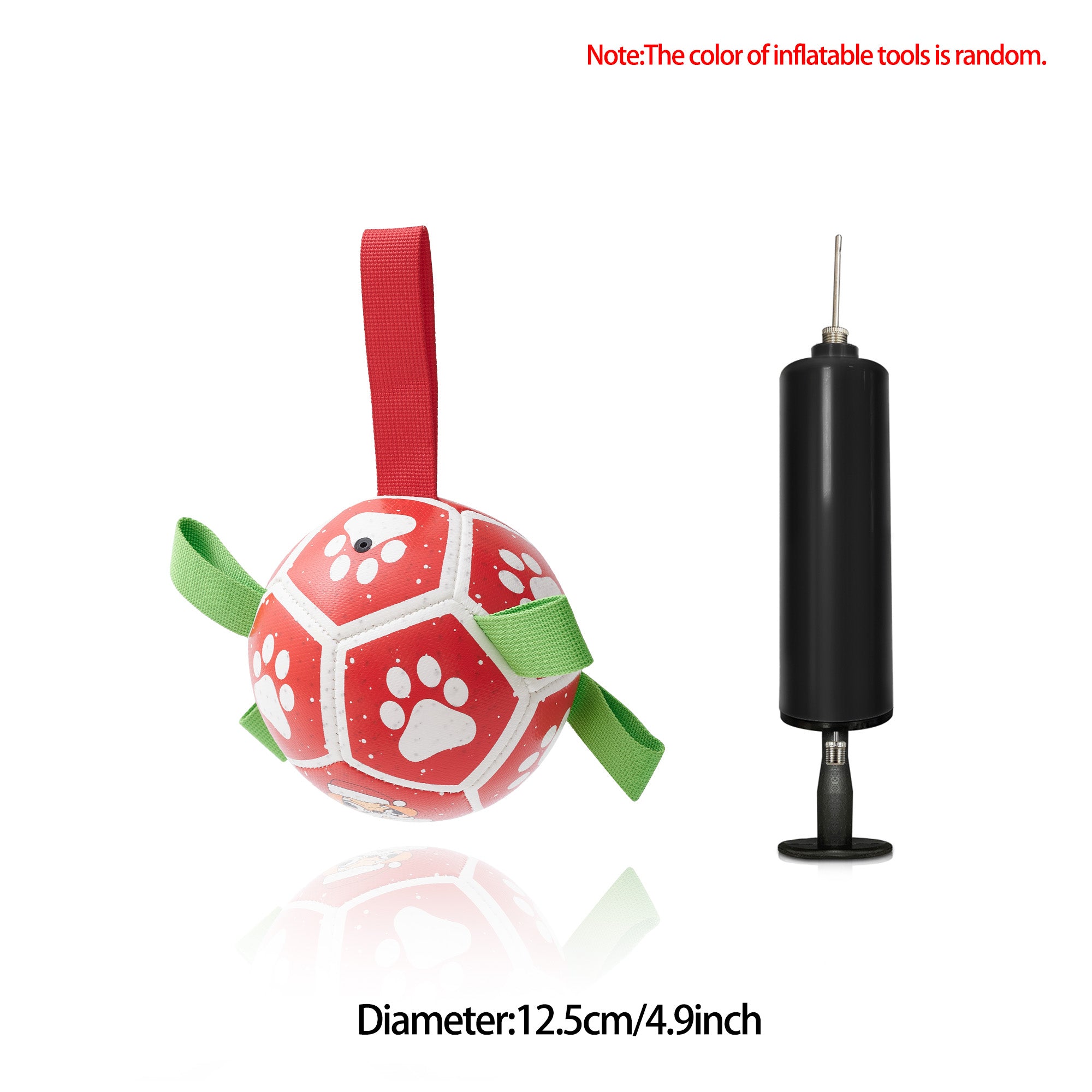 Red dog soccer ball toy with paw prints and green nylon grab tabs, shown with an included black hand pump.
