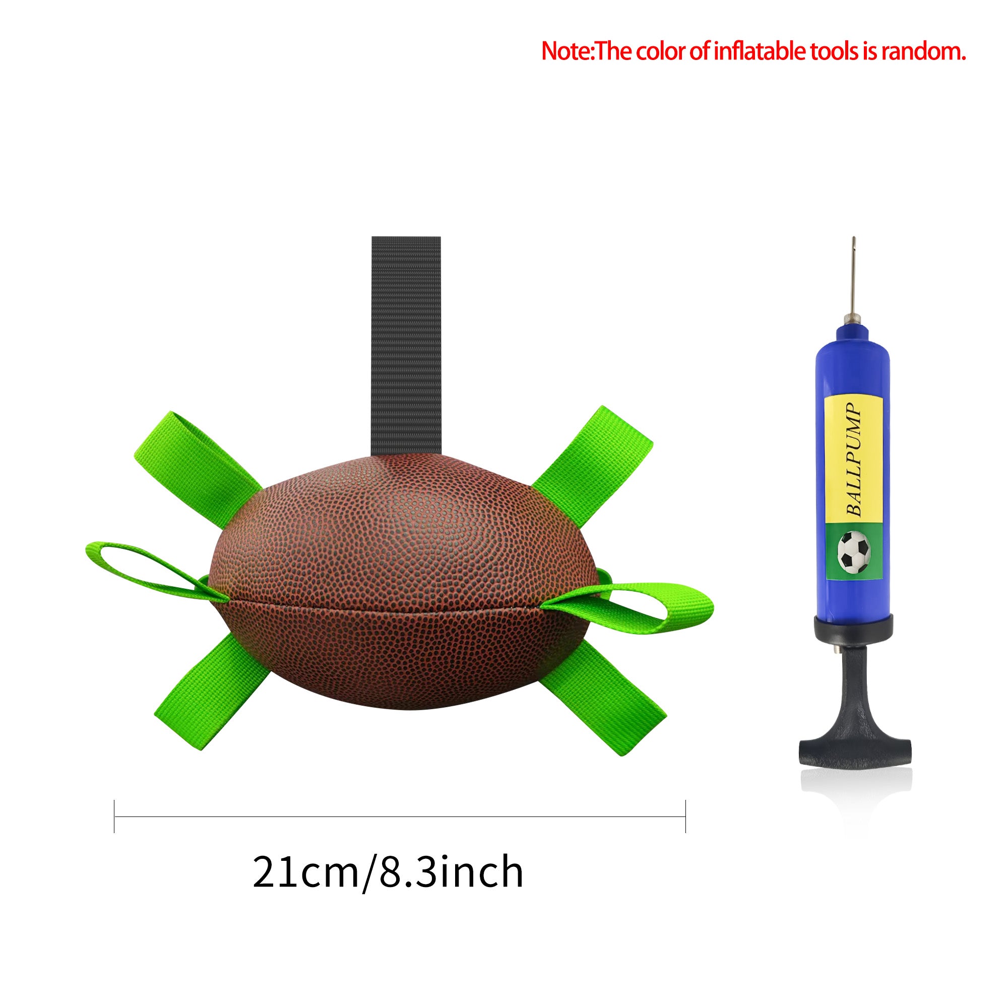 Brown textured football dog toy with green nylon grab tabs and an included blue handheld ball pump.