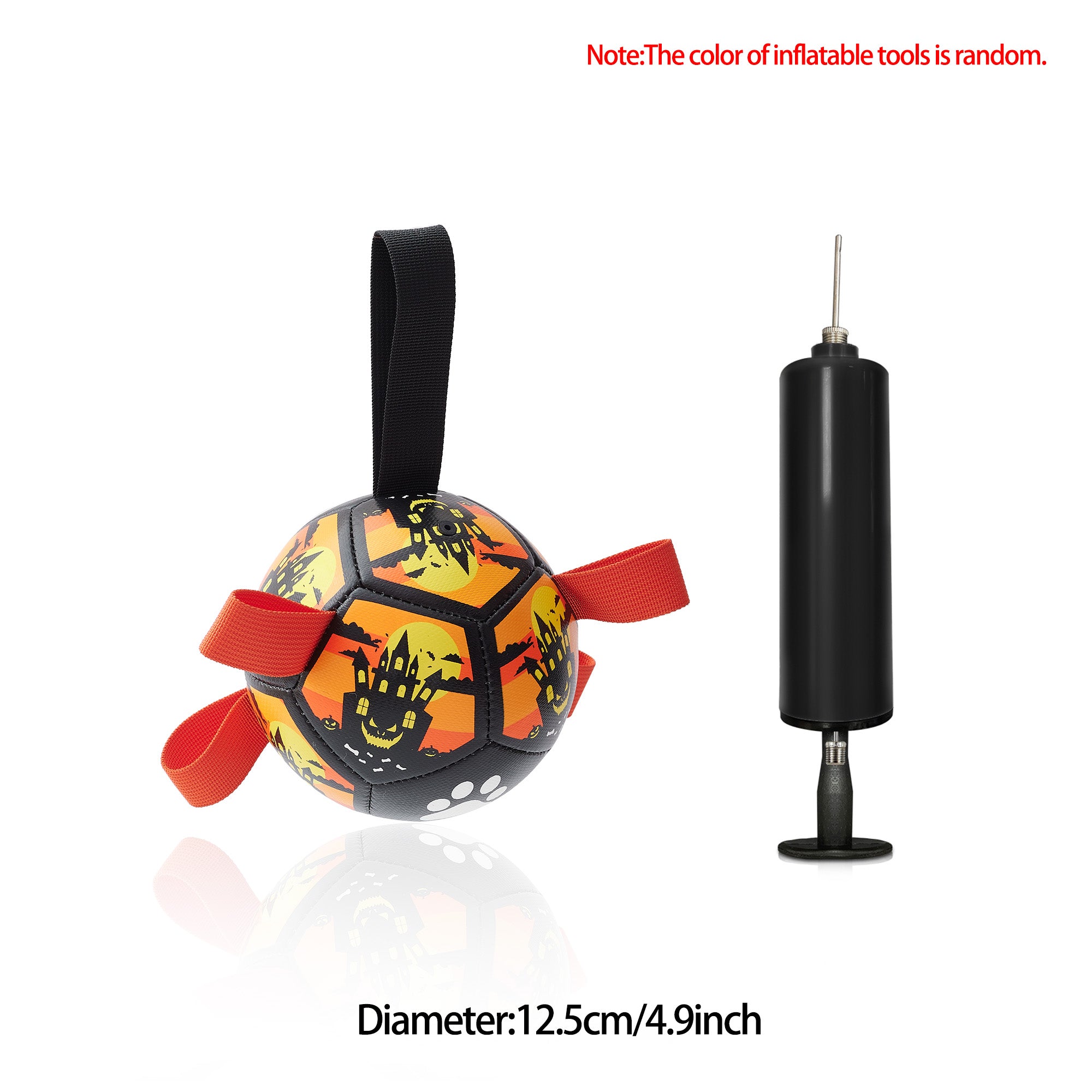 Halloween-themed dog soccer ball with nylon tabs and a black hand pump for inflation. White background.
