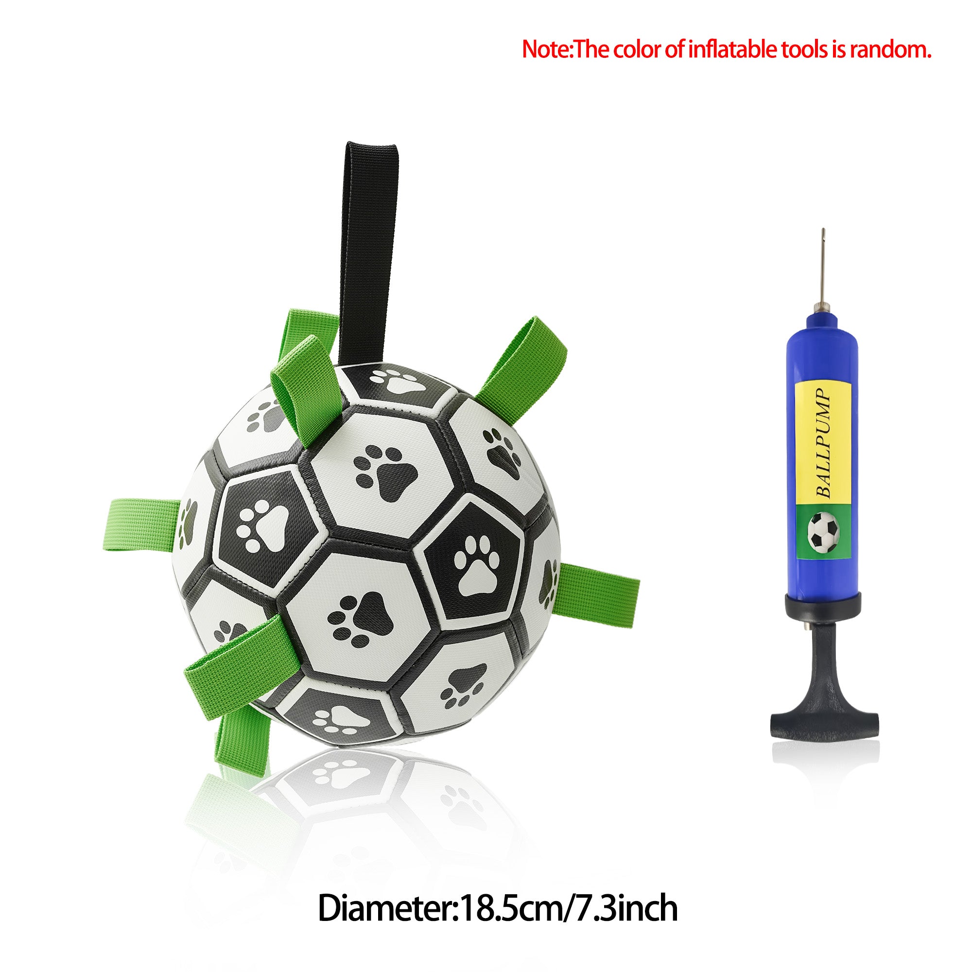 Black and white dog soccer ball with green nylon tug tabs and handle, plus a handheld inflation pump.