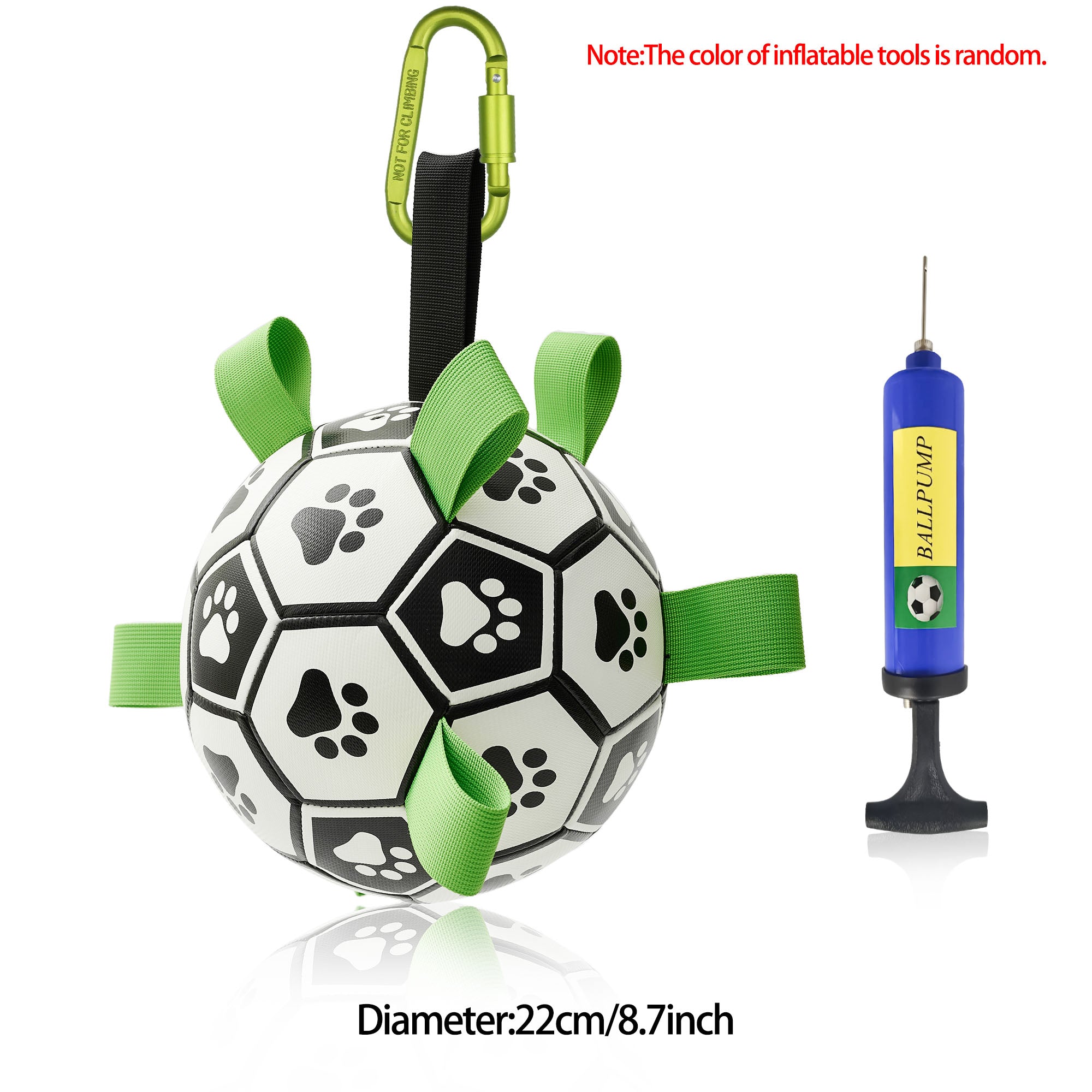 Black and white soccer ball for dogs with green nylon grab tabs, a clip, and an included blue handheld air pump.