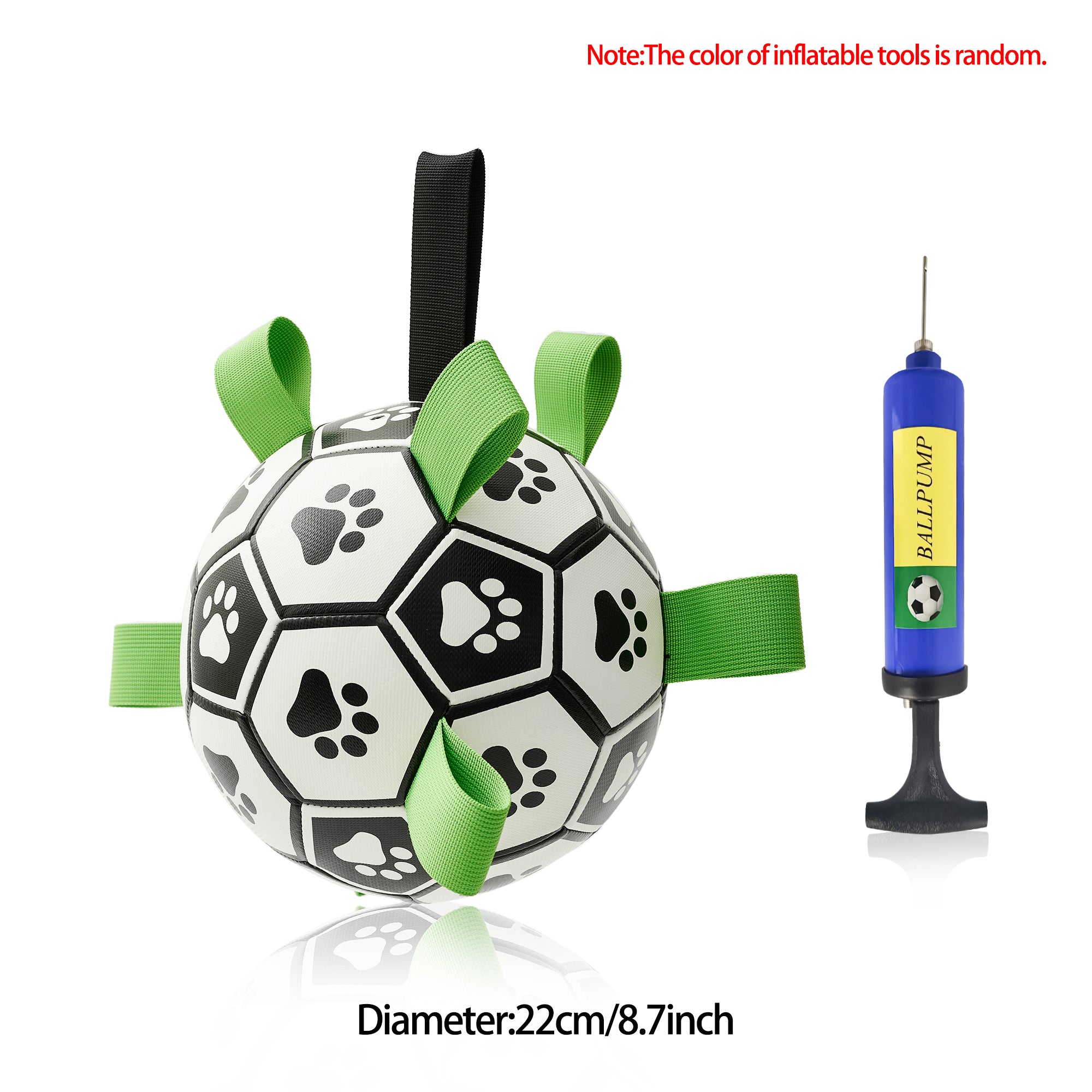 Black and white dog soccer ball toy with green nylon grab tabs, including a manual inflation pump.