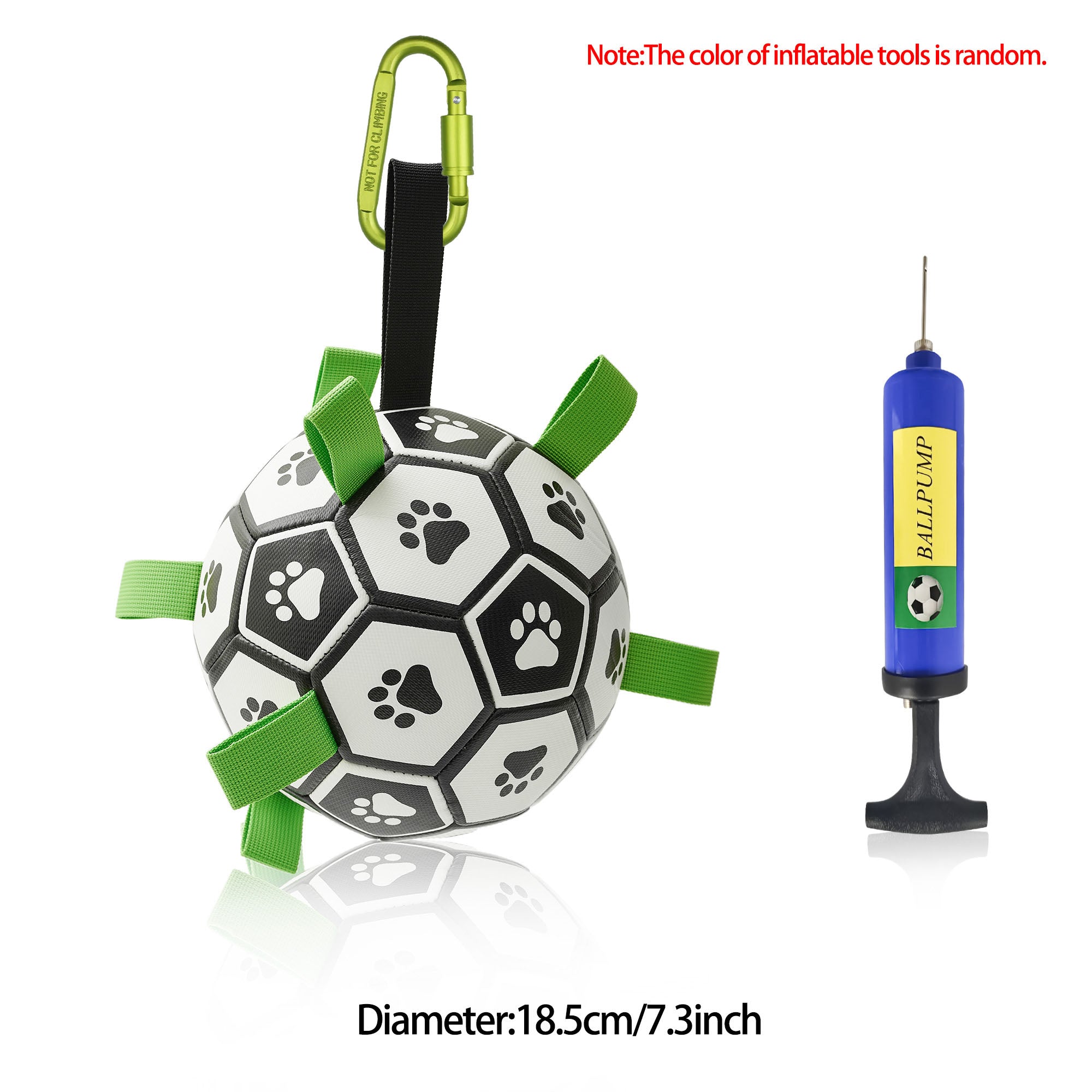 Black and white paw-print soccer ball toy for dogs with green nylon grab tabs, a hanging clip, and a blue ball pump.