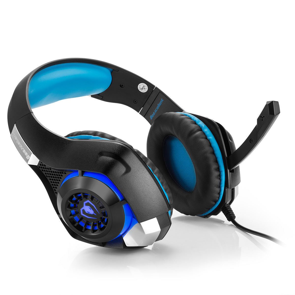 Black and blue gaming headset with cushioned ear cups, adjustable headband, and an integrated boom microphone.