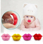 Funny baby silicone pacifiers shaped like red lips. Includes a baby wearing one and four color options at the bottom.