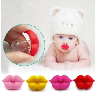 Funny baby silicone pacifiers shaped like red lips. Includes a baby wearing one and four color options at the bottom.