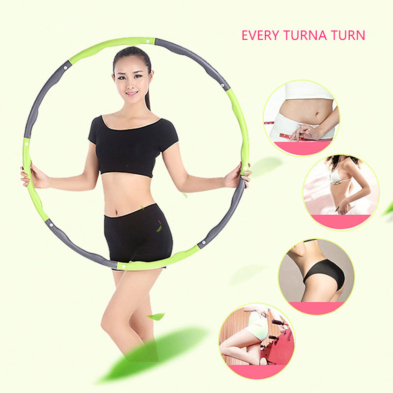 Woman holding a green and grey foam-padded fitness hula hoop. Includes circular insets showing abdominal toning results.