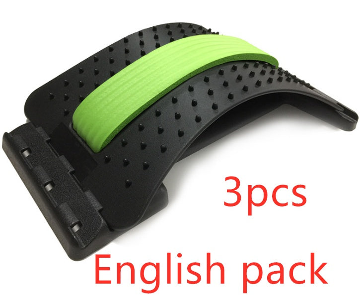Black plastic arched back stretcher with green foam strip, acupressure nodes, and adjustable base slots.