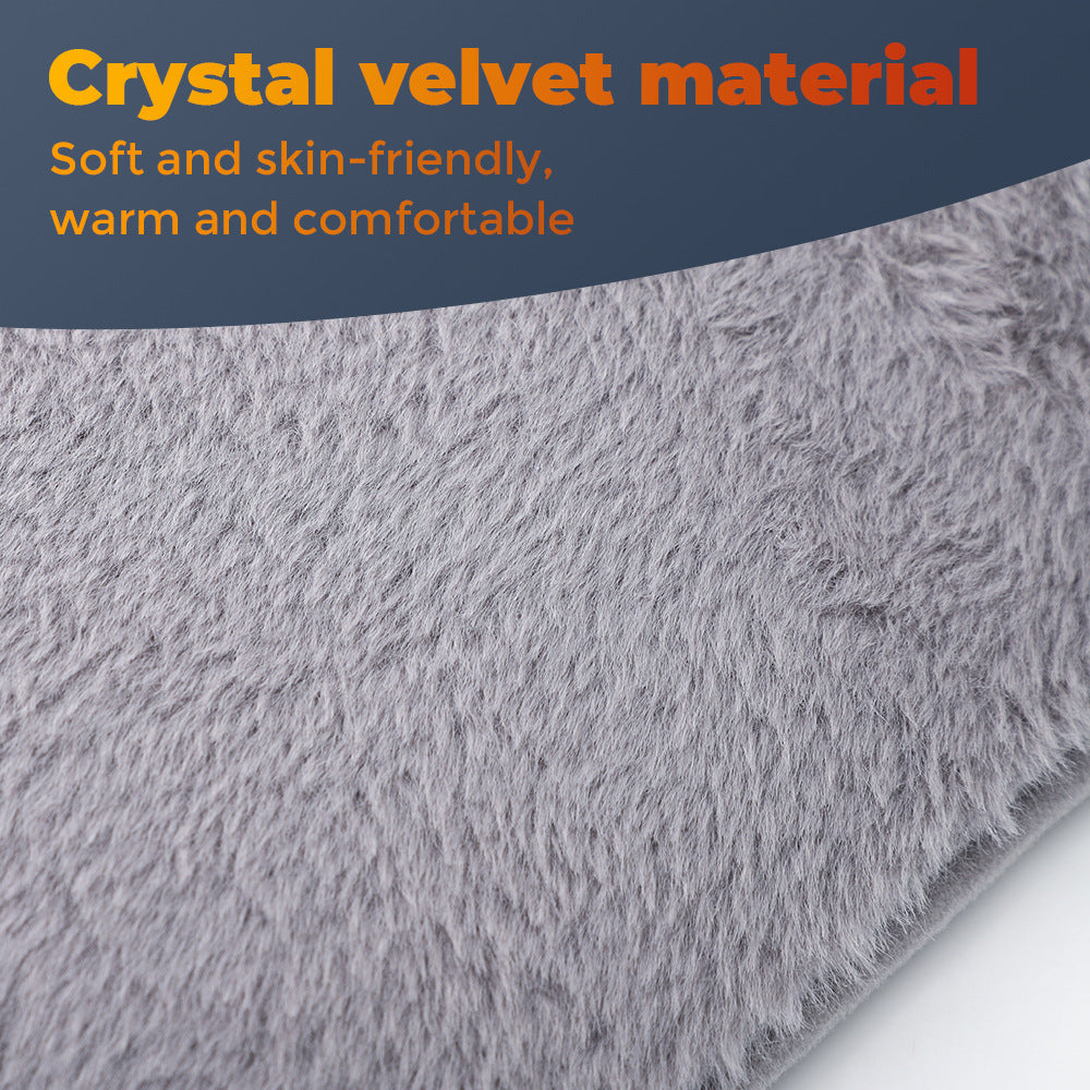 Close-up of a soft, gray crystal velvet fabric on an electric heating stomach belt with promotional text above.