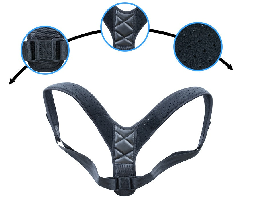Black medical posture corrector with adjustable straps, breathable fabric, and padded back support shown in detail.