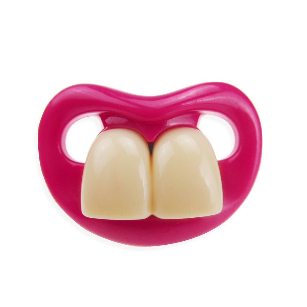 Pink plastic pacifier by Digitaldistribution375 featuring two large, realistic-looking front teeth. Isolated on white.