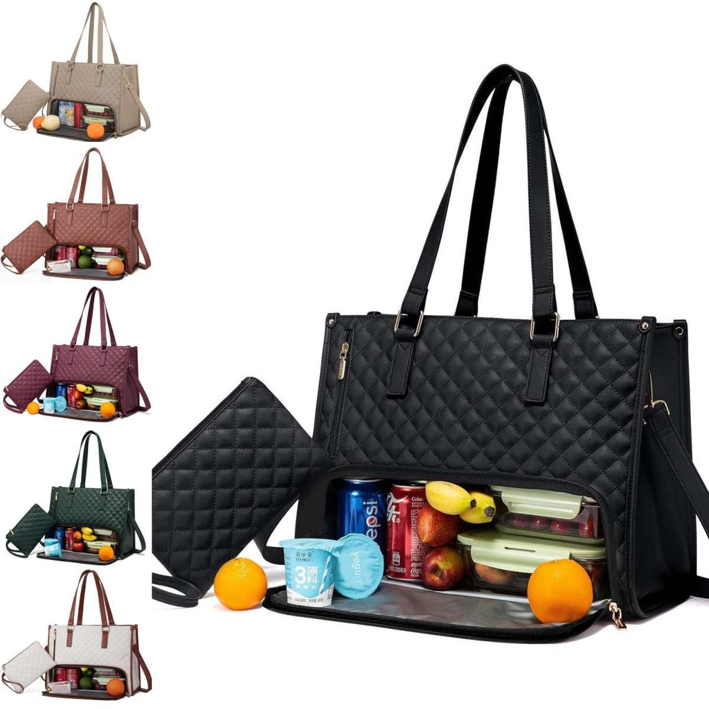 Quilted insulated tote with bottom thermal compartment and matching purse, shown in five colors with food contents.