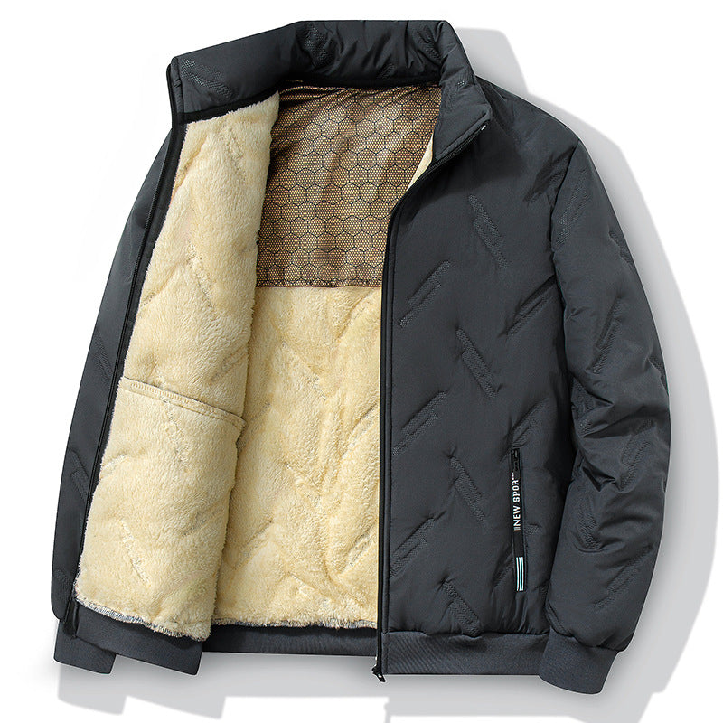 Charcoal gray quilted jacket with thick beige fleece lining, stand collar, and a honeycomb-patterned interior detail.